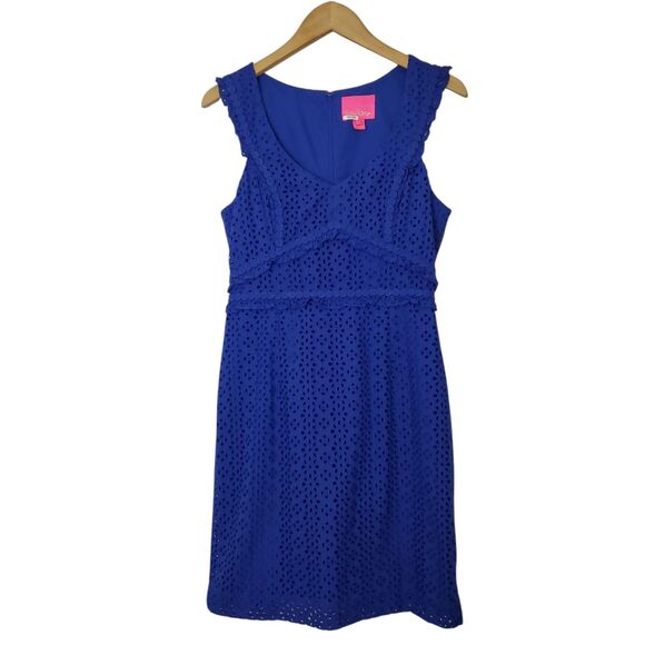 Lilly Pulitzer Royal Blue Eyelet Kaylee Shift Dress Size 6 Cotton Ruffle - Picture 2 of 11